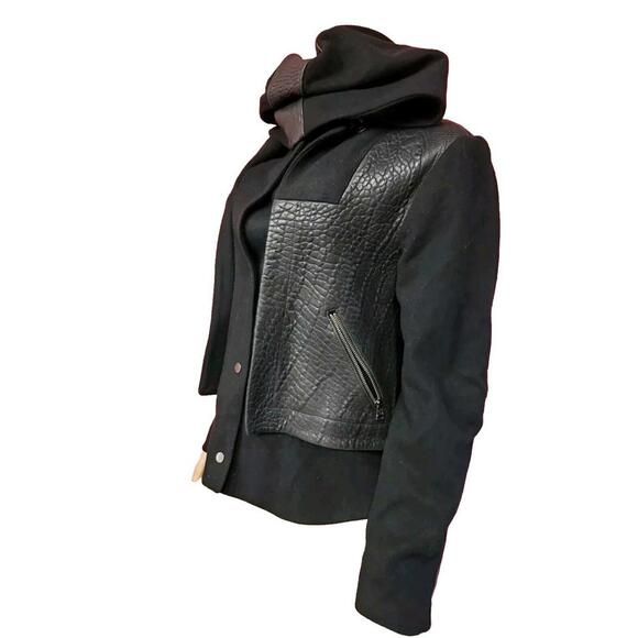 LAMB By Gwen Stefani RARE Black Leather Wool Sz 8 Hooded Womens Coat Jacket #CB2 - Picture 3 of 10